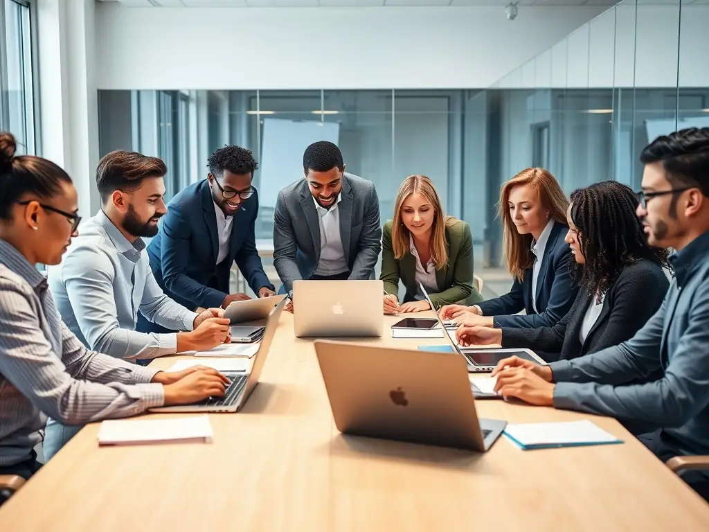 A photograph of a diverse team of professionals collaborating in a modern office setting, symbolizing the effective talent solutions provided by Meraki Digital.