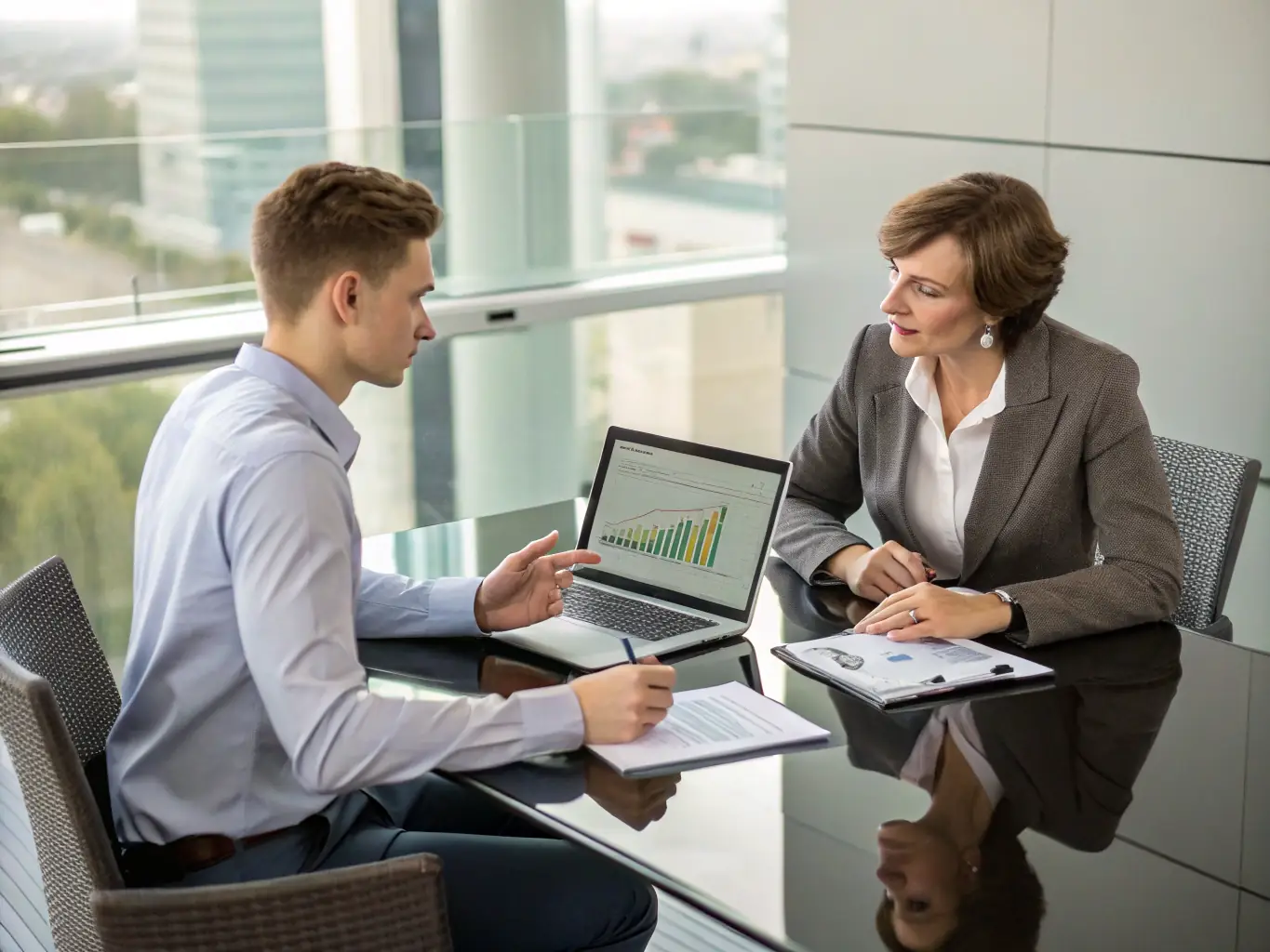 An image showing a consultant working closely with a client, reviewing data and discussing talent acquisition strategies.
